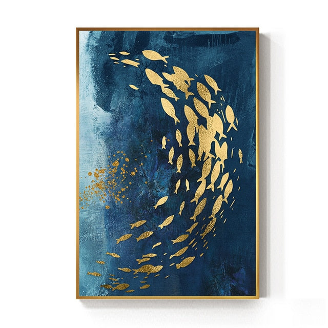 Abstract Gold Fish Chinese Canvas Painting Big Blue Poster Print Luxur One46 Com Au