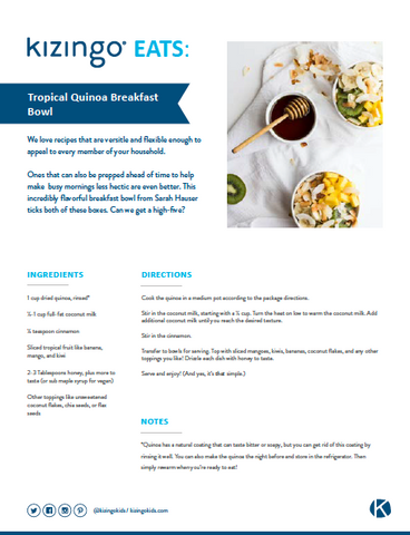 recipe card for tropical quinoa breakfast bowl