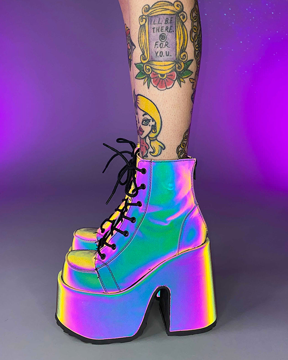 Demonia Rainbow Reflective Platform Bootie | Rave Wonderland