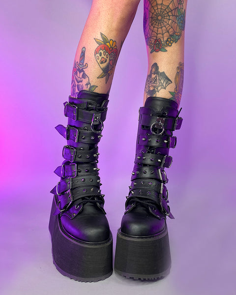 Demonia Matte Black Studded Mid-Calf Platform Boots | Rave Wonderland
