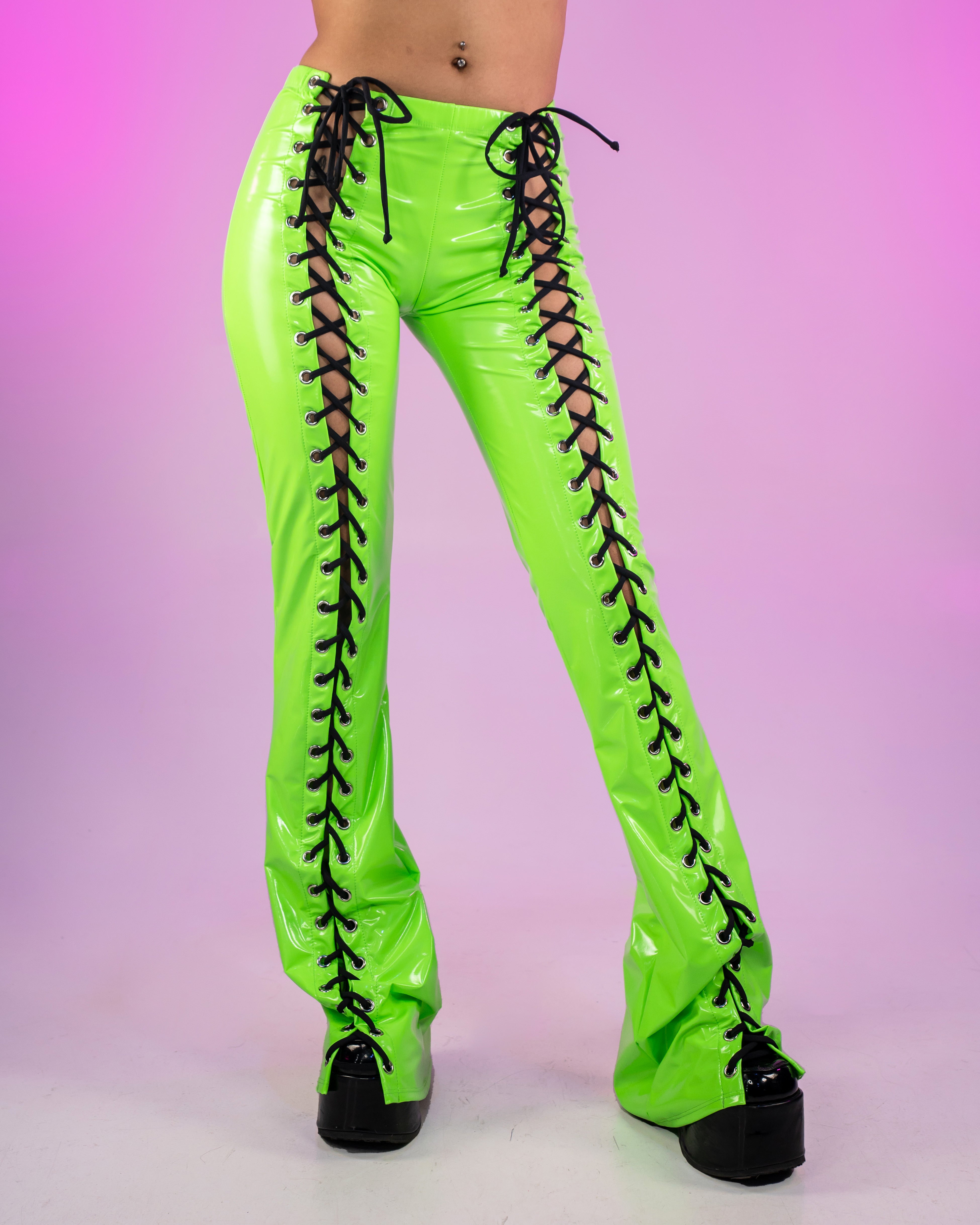 Bound To Me Black Laser Stretch PVC Lace-Up Flared Pant – Rave