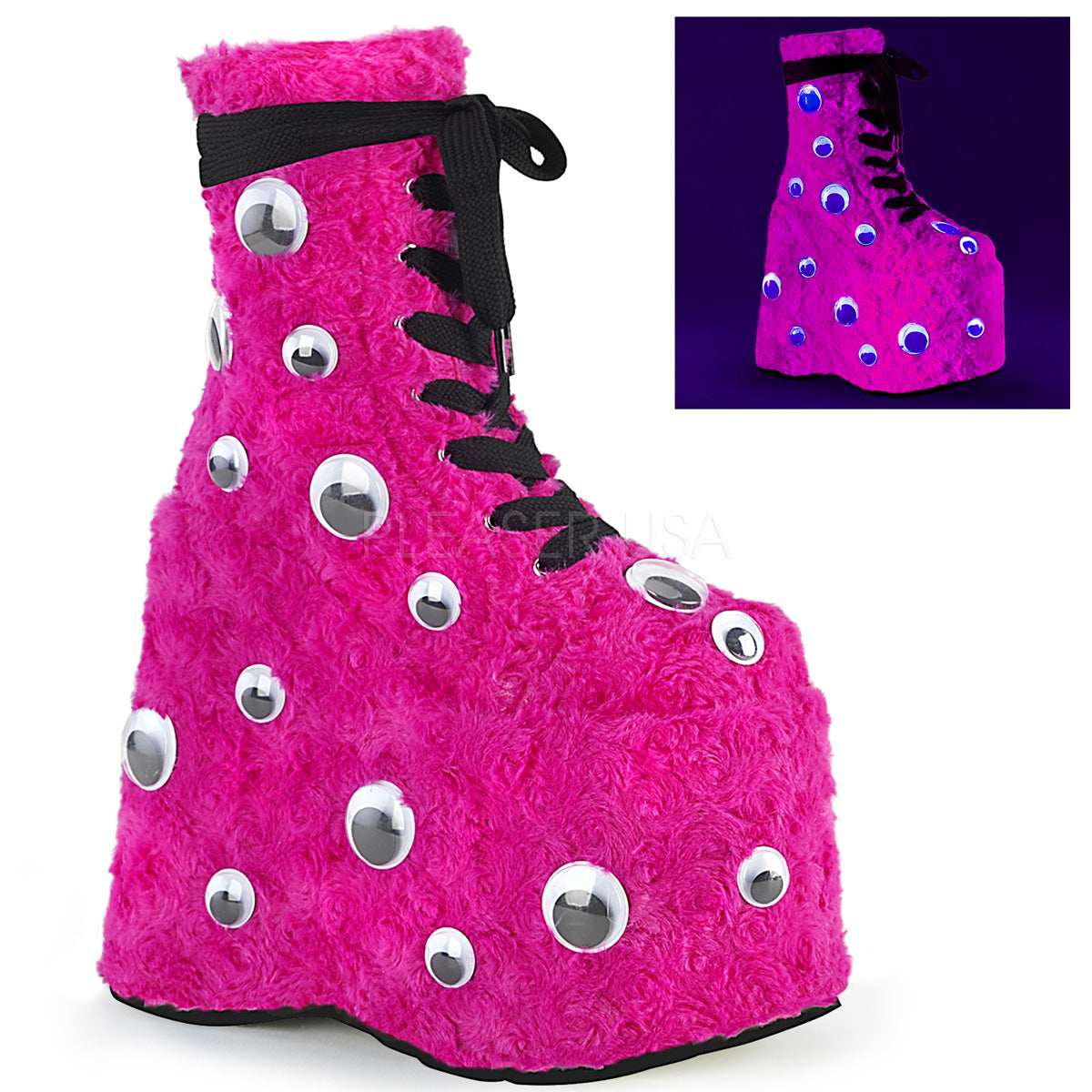 Demonia Pink Fur Googly Eye Platform 