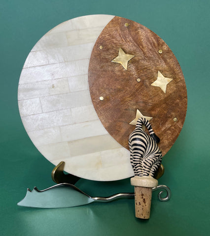 wood with stars cheese board, zebra wine stopper, mouse shaped cheese knife