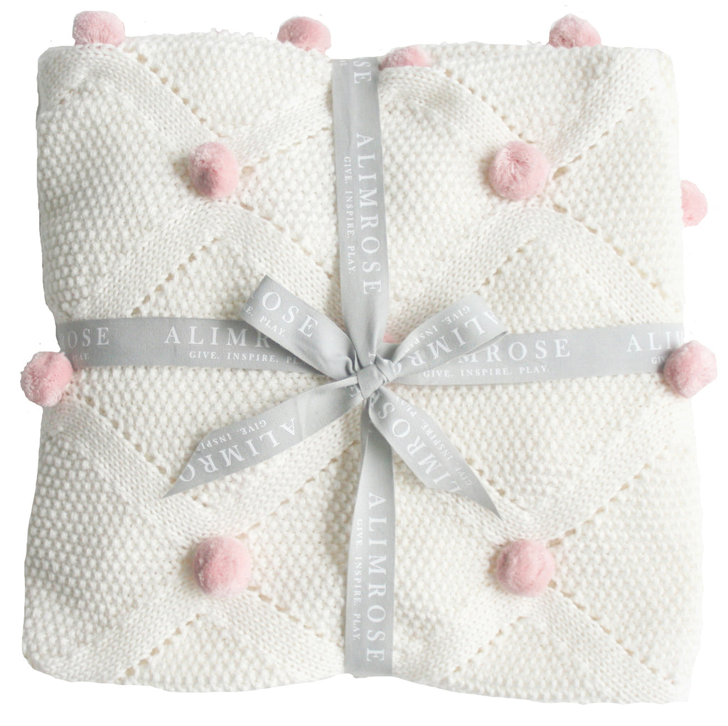 Organic Ivory Pink Pom Pom Baby Blanket Lovely Linen