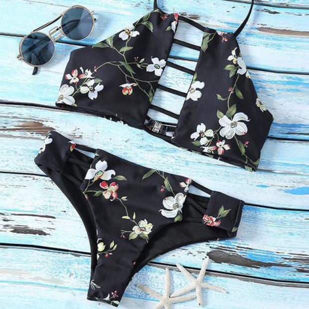 Hollow Sexy Floral Print Halter Beach Bikini Set Swimsuit Swimwear Whaonck