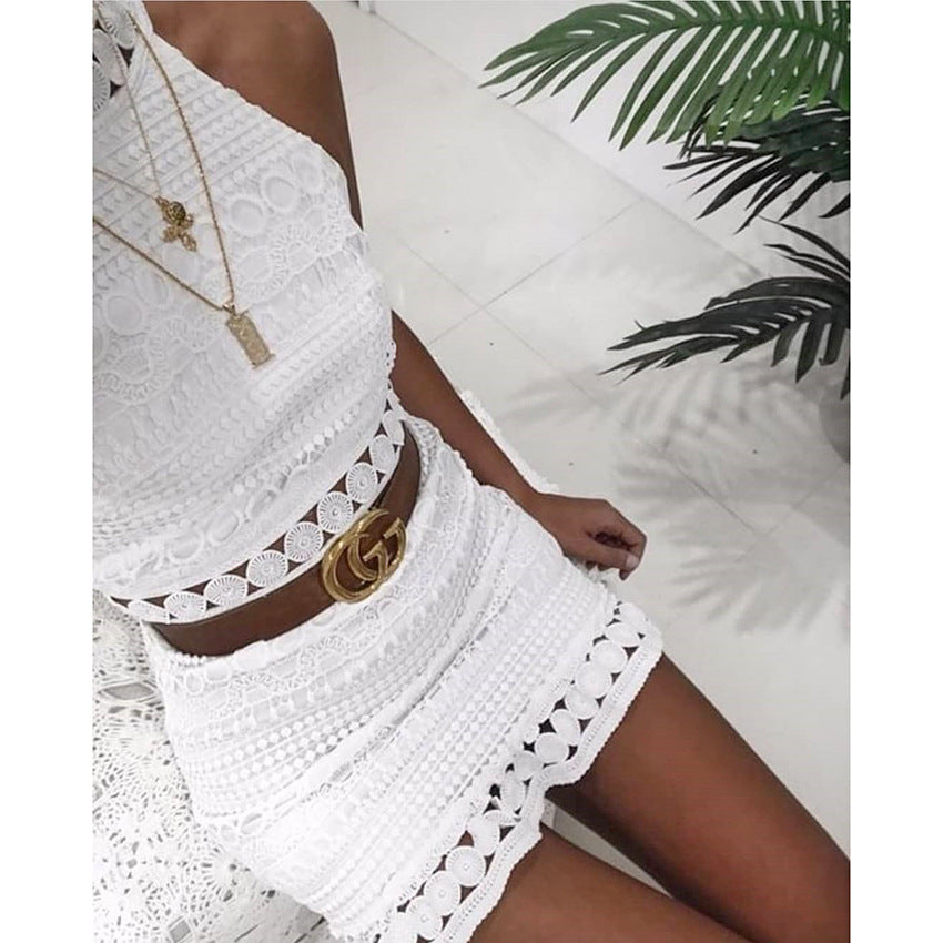 Sexy White Lace High Neck Sleeveless Dress Whaonck 6834