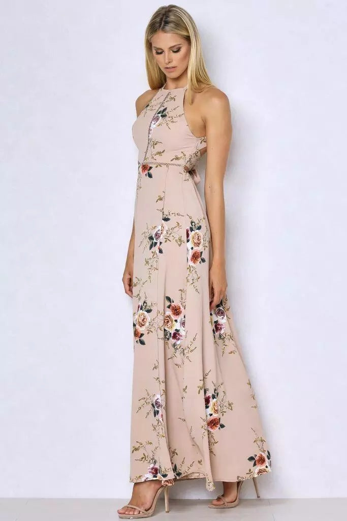 Fashion Sexy Halter Shoulder Print Flower Long Dress Whaonck 6176