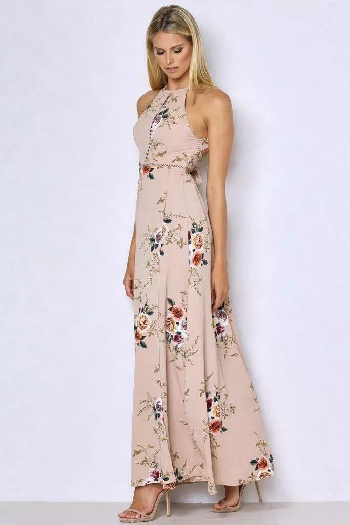 Fashion Sexy Halter Shoulder Print Flower Long Dress – Whaonck