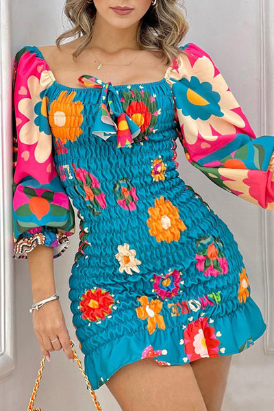 Women Long Sleeve Floral Print Mini Dress