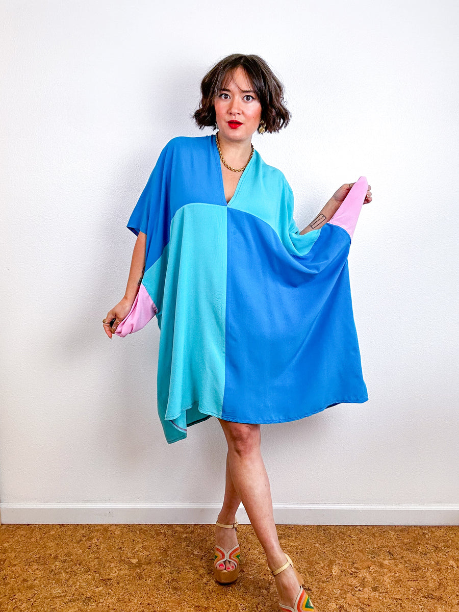 Color Block Mini Caftan Dress Turquoise Aqua