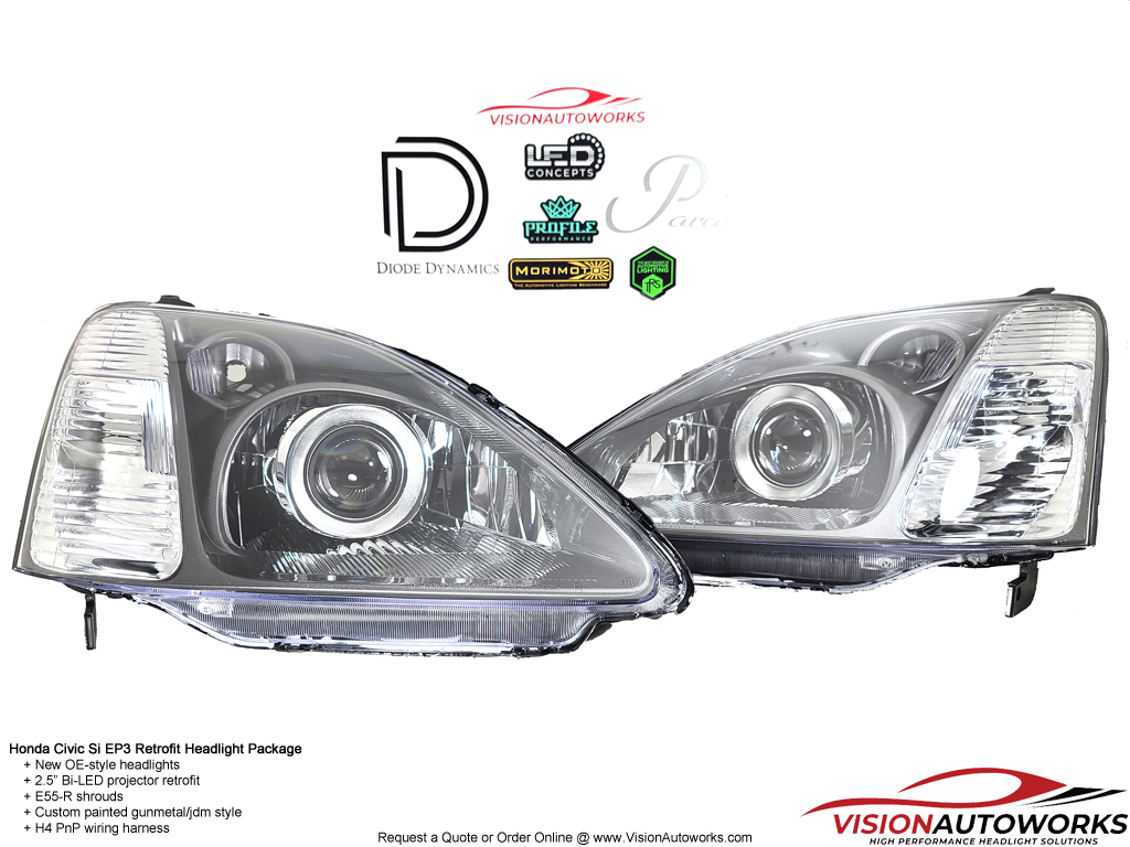 Honda Civic EP3 - 2.5" Bi-LED projectors, E55-R shrouds, JDM style gunmetal painting