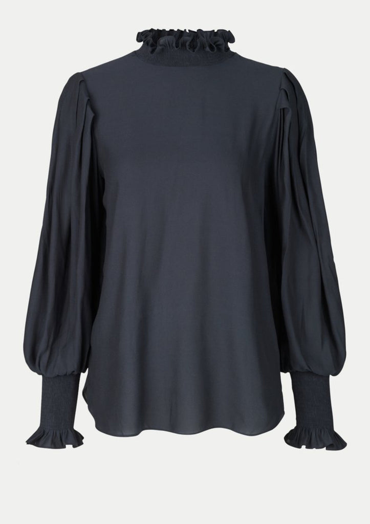 black silky blouse with a high neckline by second female