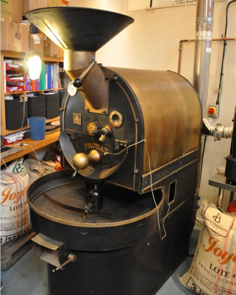 Picture of the original Probat coffee roasters at the first ever Dear Green roastery on Airds Lane, Glasgow.
