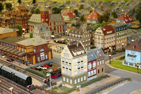 Zoomed out view of a small-scale model train and town