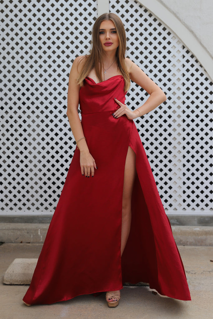 maxi red satin dress