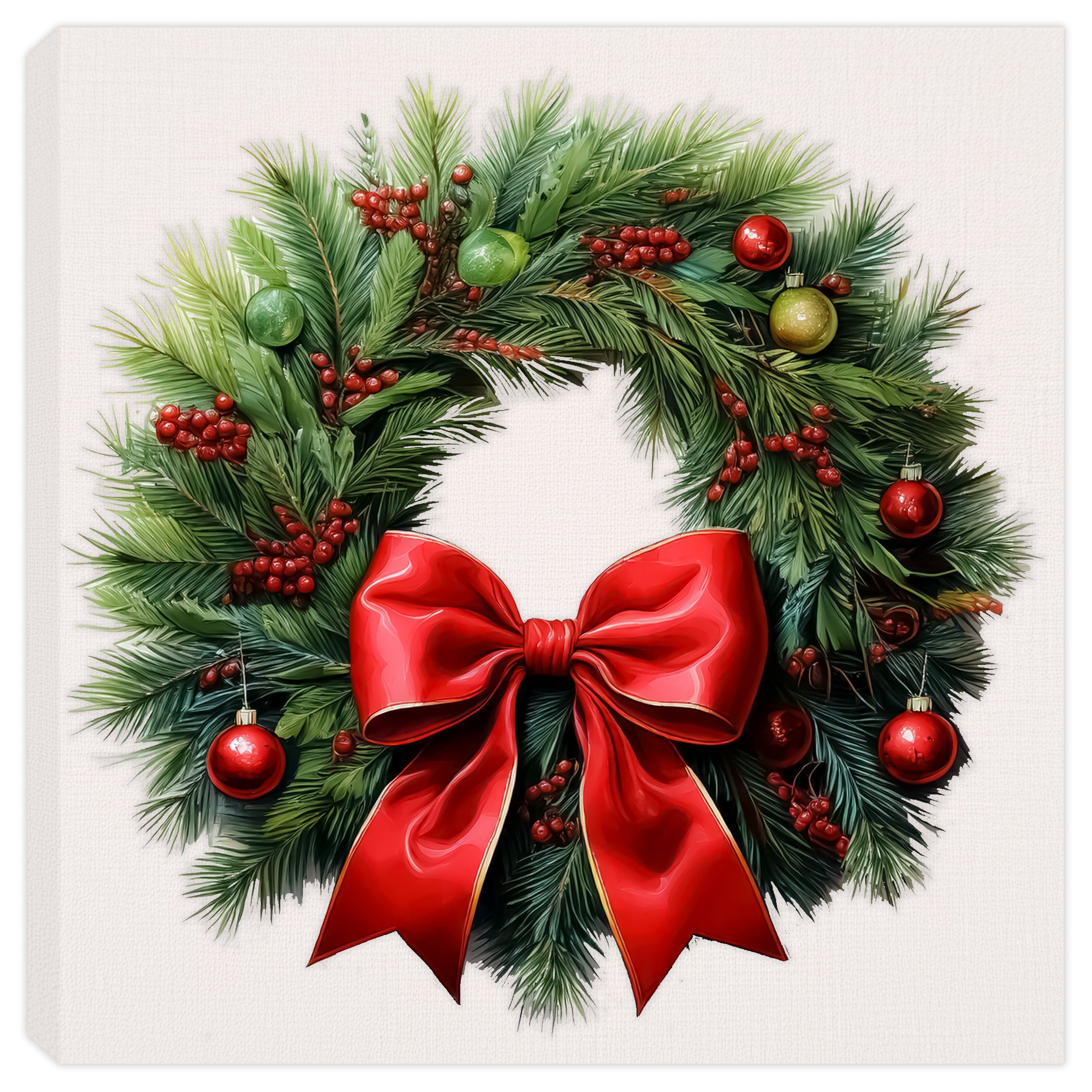 Christmas Wreath - Red Bow & Ornaments #2 | Painting on Canvas