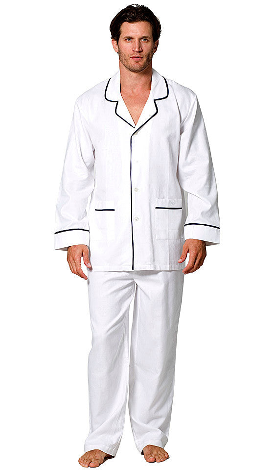 White Cotton Herringbone Classic Pajamas w/Navy Piping (Medium-Large ...