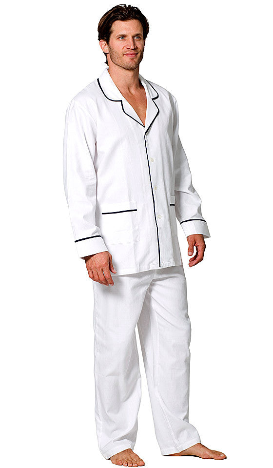 White Cotton Herringbone Classic Pajamas w/Navy Piping (Medium-Large ...