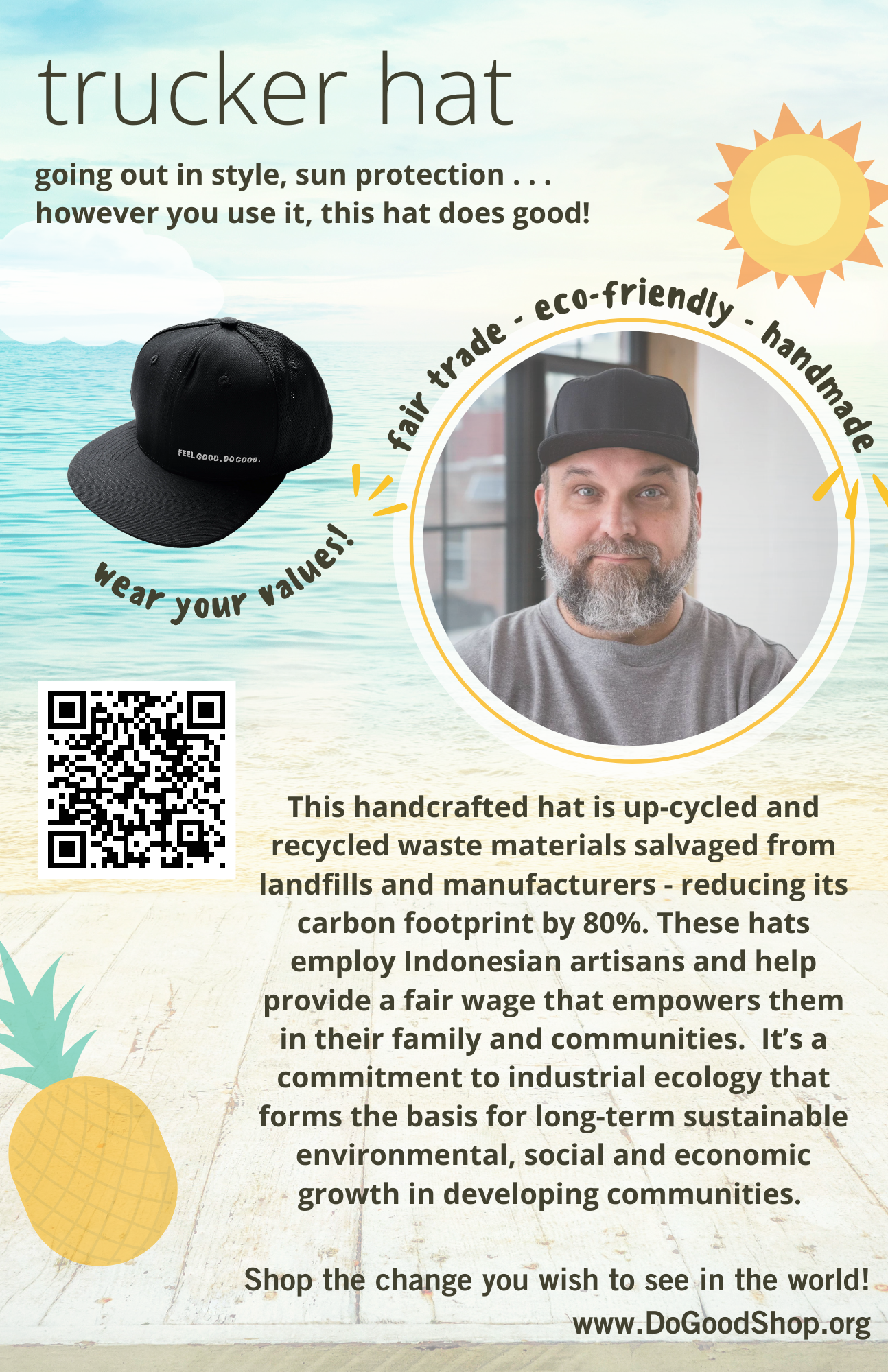 trucker hat on bearded man, part of the do good shop ethical subscription box boxes