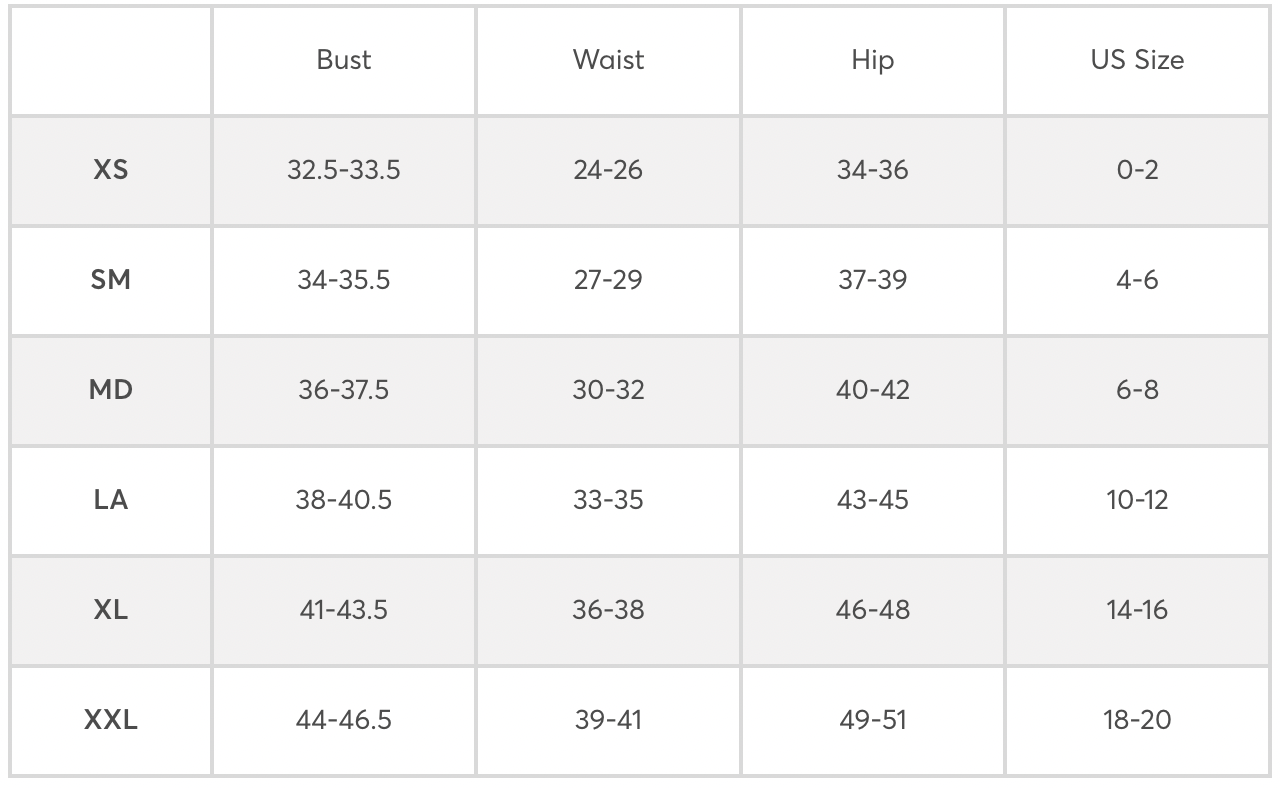 size chart for USA sizing dresses