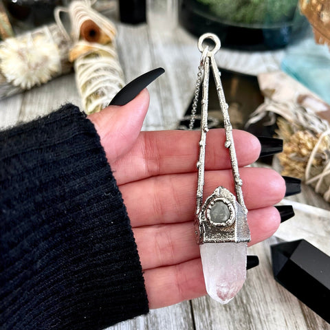 Sticks & Stones Collection - Clear Quartz and Aquamarine Necklace in Fine Silver // Big Crystal Necklace Witchy Jewelry Gothic Pendant