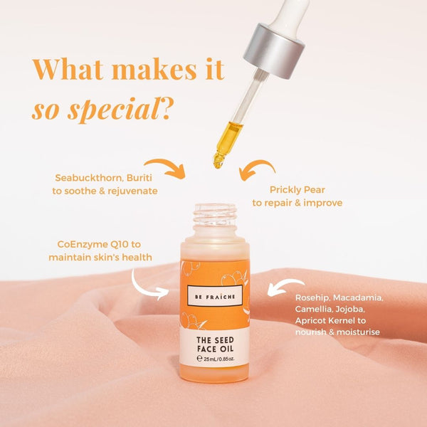 Infographic of The Seed Face Oil surrounding by arrows and text showing its benefits and the ingredients inside including seabuckthorn, buriti to soothe and rejuvenate, coenzyme Q10 to maintain skin's health, prickly pear to repair and improve, roship, macadamia, jojoba, apricot kernel to nourish and moisturise