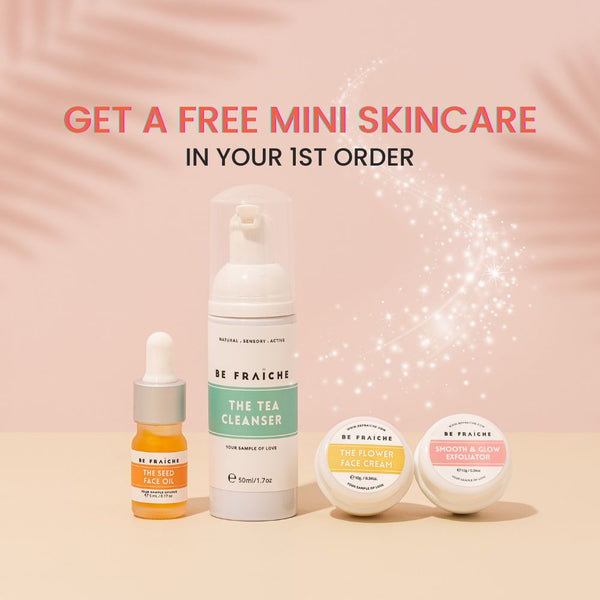 Banner showing mini skincare set from Be Fraiche including mini Seed Face Oil, Tea cleanser, Flower face cream and exfoliator with text Win a $100 voucher and get a free mini skincare in your first order