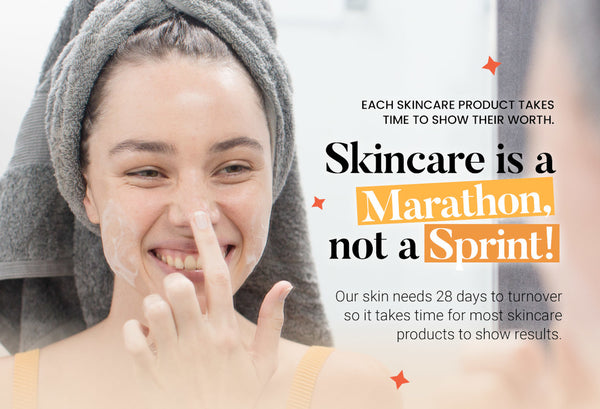 Image of Rachel smiling into the mirror with Be Fraiche Tea Cleanser smeared on her face, with the text "skincare is a marathon, not a sprint", "each skincare product takes time to show their worth"