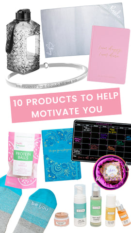 10 products that keep you motivated in 2022 including Be Fraiche skincare products for sensitive skin, water bottles, gratitude journals, daily planner, wall planner, protein balls, socks with affirmation, bangles with affirmation, gym towel and affirmation cards