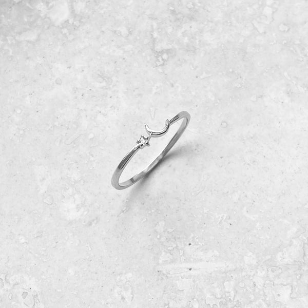 Sterling Silver Tiny Moon and CZ Star Ring, Dainty Ring, Silver Ring ...