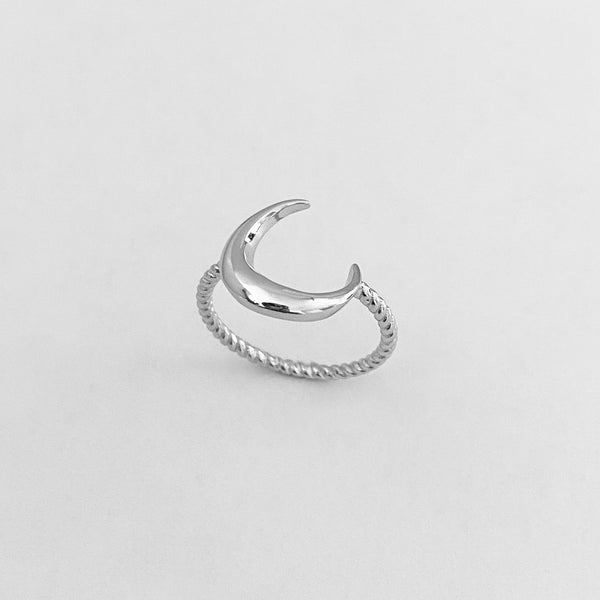 Sterling Silver Crescent Moon Ring with Rope Band, Silver Ring, Boho R ...