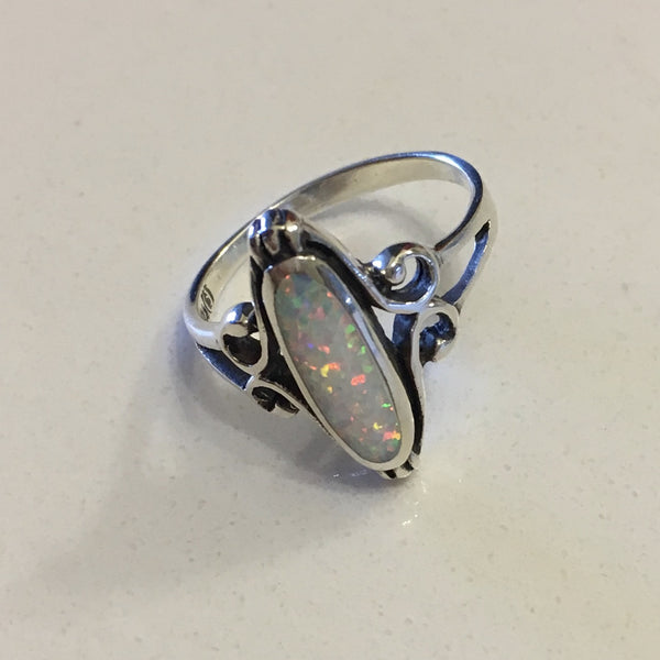Sterling Silver Oval White Lab Opal Ring, Silver Ring, Statement Ring ...