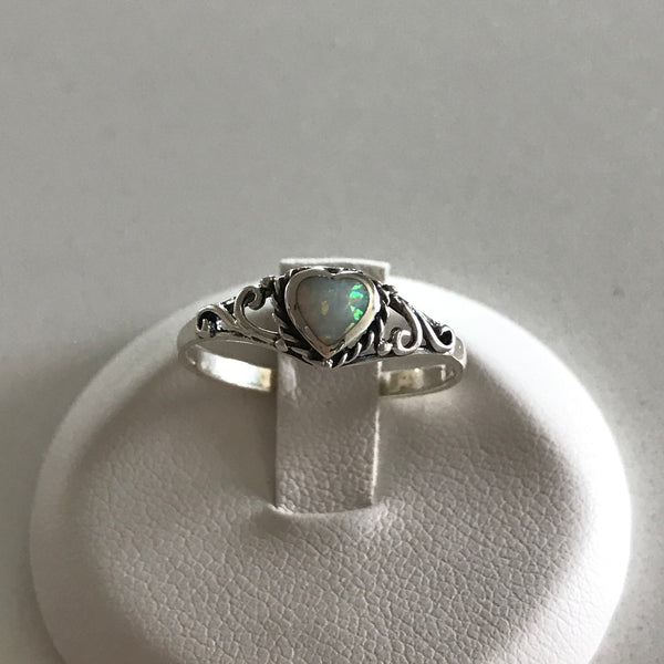 Sterling Silver White Lab Opal Heart Ring, Silver Ring, Opal Ring ...