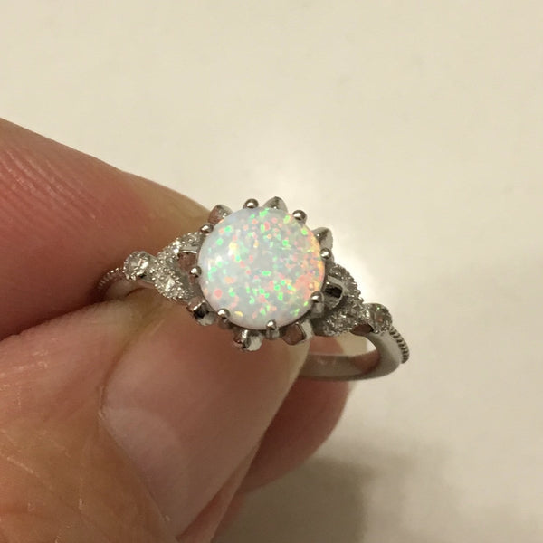 Sterling Silver Round White Lab Opal with CZ Ring, Silver Ring, Rings ...