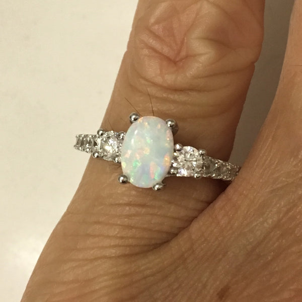 Sterling Silver White Lab Opal with CZ Ring, Wedding Ring, Engagement ...