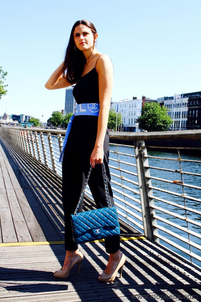 Anna wears Topshop black jumpsuit, UK 10 (Item Code- 688-54) styled with this Chanel multi-colour scarf ( Item Code- 1347-177) and this fabulous Chanel teal patent leather quilted bag