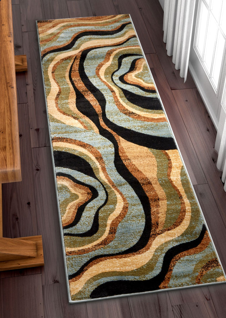 Hudson Waves Blue / Brown Geometric Modern Casual Area Rug Easy to ...