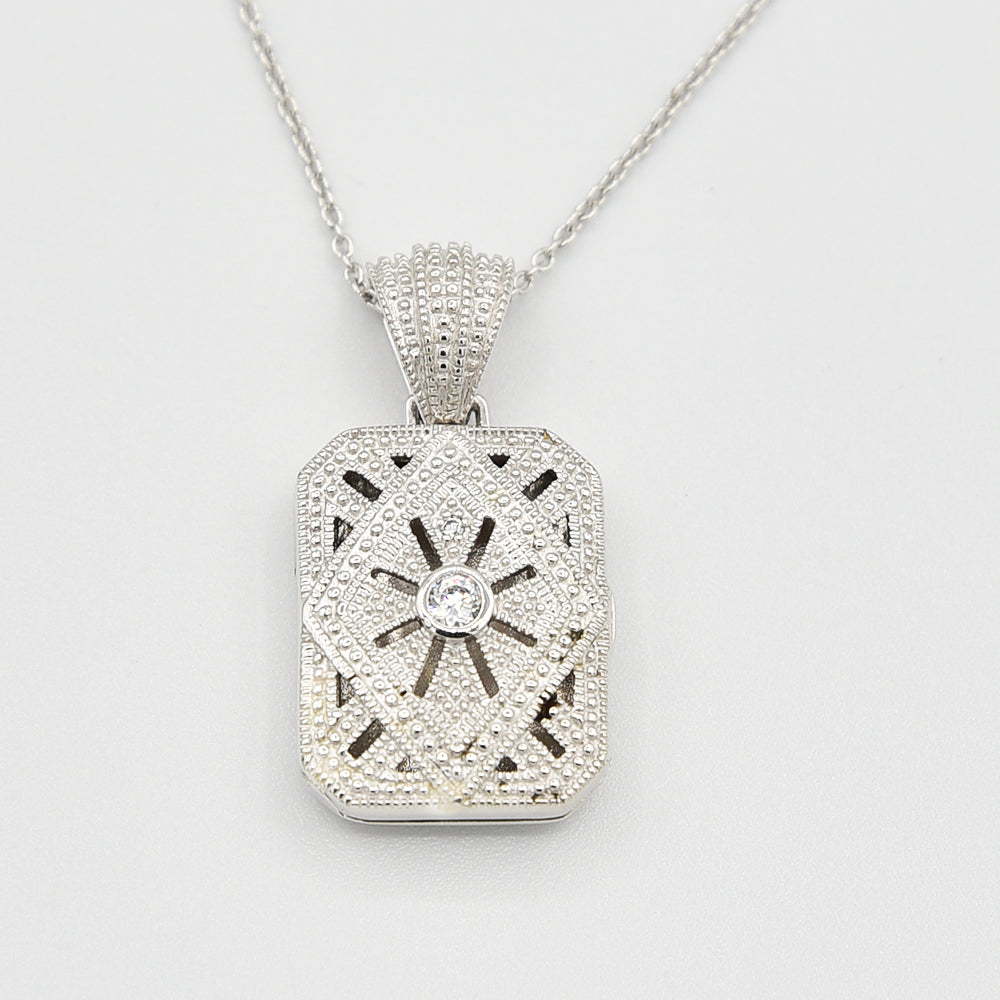Image of Sterling Silver Locket with Cubic Zirconia (CZ) Rectangle shape