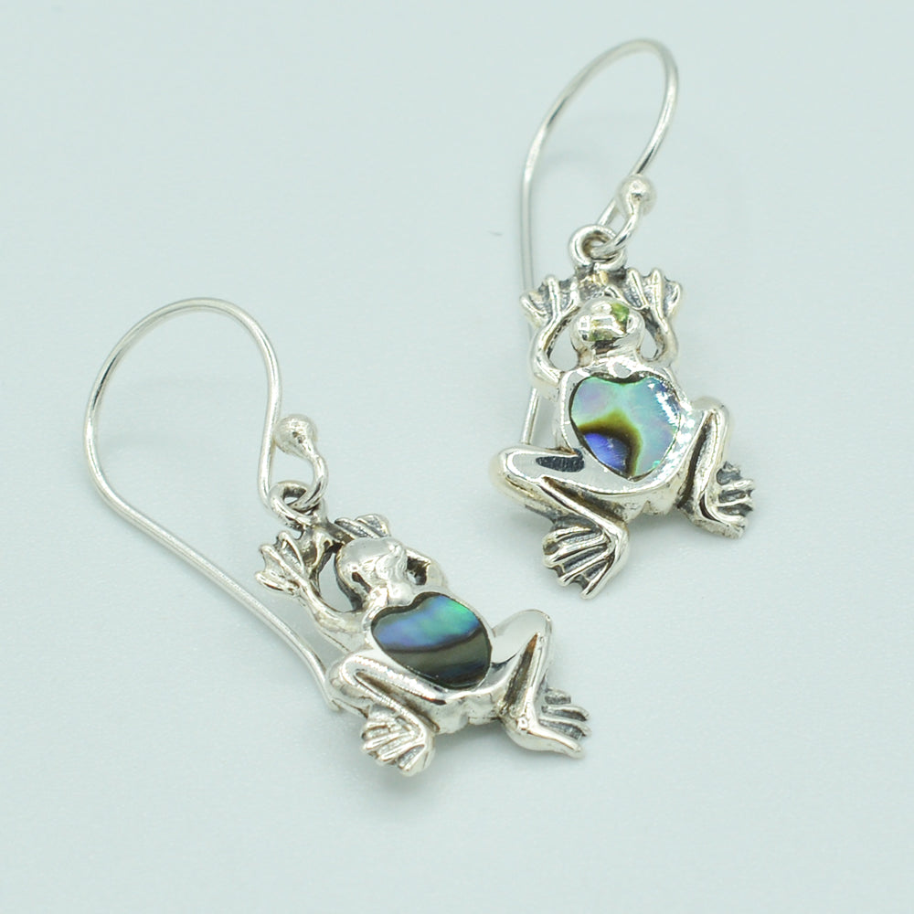 Image of Sterling Silver Small Frog Earrings, Mother of Pearl, Coral or Abalone