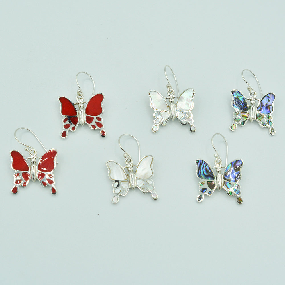 Butterfly sterling silver earrings. Choice of abalone, mother of pearl or red coral.  The earrings hang down just about an inch. They are light weight and have a fish hook clasp for easy on and off and are very secure.
