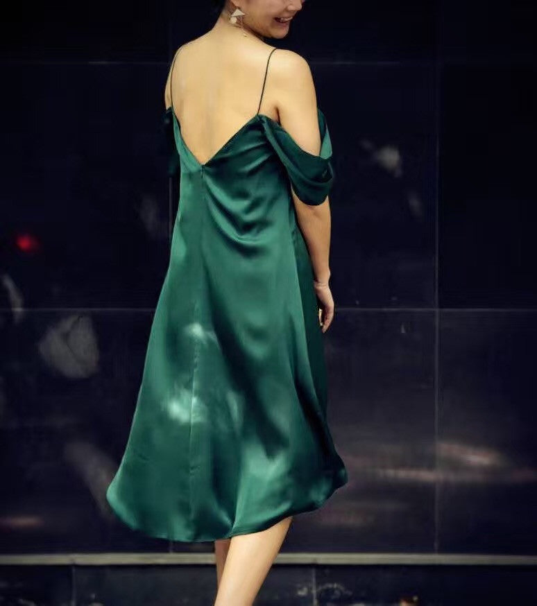 Dark Green Off-Shoulder Silk Dress - CURATORZ