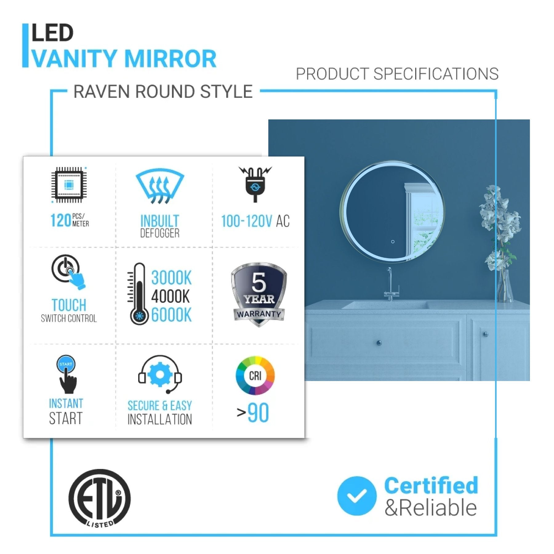 24 Inch Round Shelf LED Lighted Mirror, Touch Switch, Defogger and CCT ...