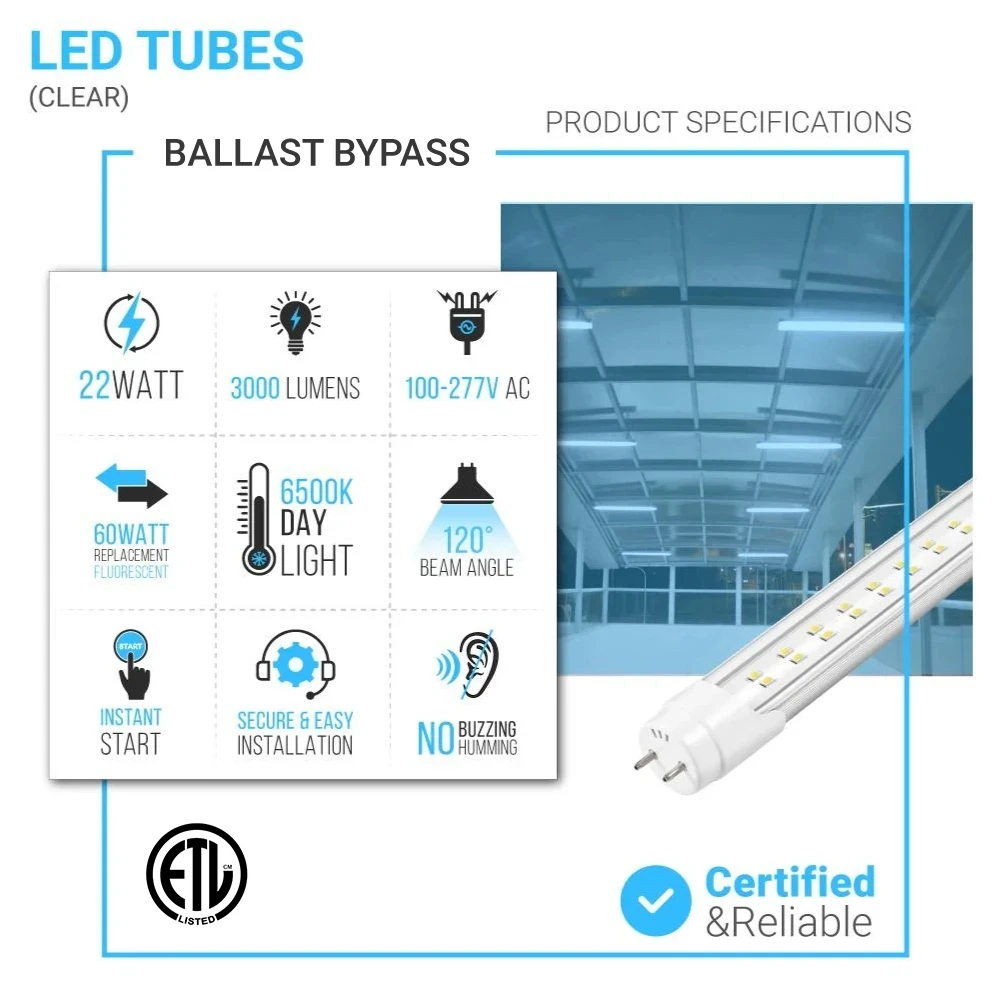 T8 4ft LED Tube/Bulb - 22W 3000 Lumens Clear, 2-Row, G13 Base, D – LEDMyPlace