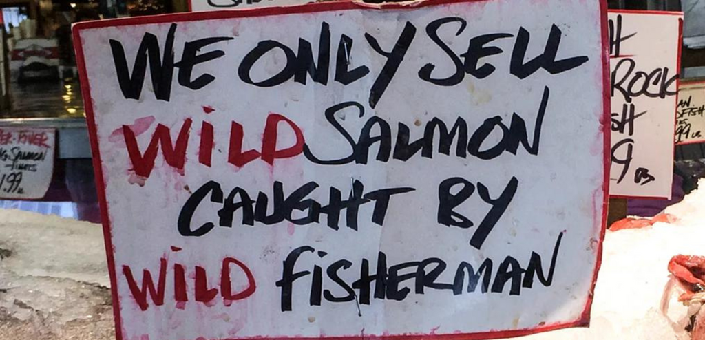 Sign saying We Only Sell Wild Fish Caught by Wild Fishermen.