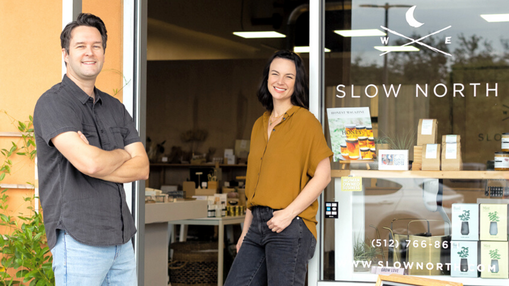 Jon + Michelle Simmons of Slow North outside of the Shop