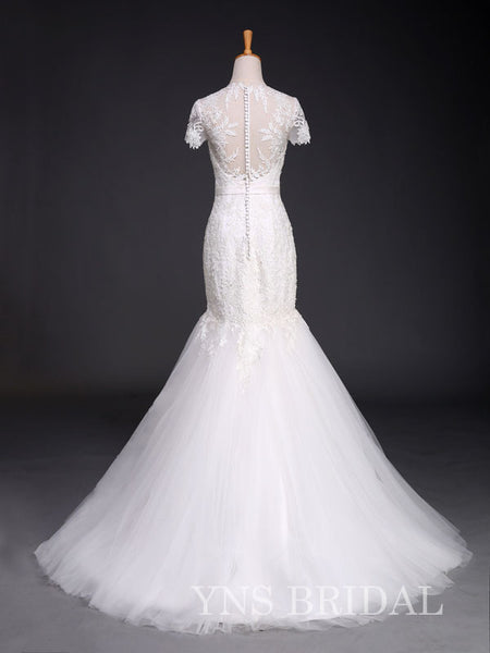 Short Sleeve Lace Wedding Dress BAI-MS14009 , Sash & Train (BAI-MS14009-004ST)