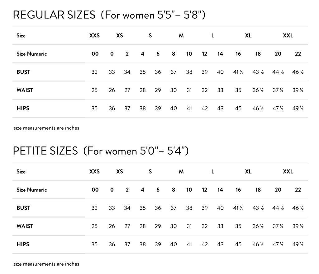 Data chart for size measurements.