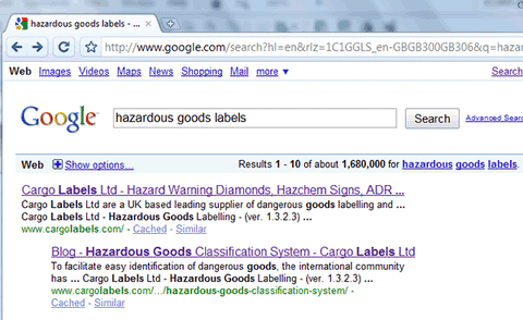 Screenshot of google search showing cargolabels.com in number one position for hazardous goods labels search