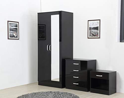 Fairpak Gladini High Gloss Mirrored 3 Piece Bedroom Furniture Set Includes Wardrobe 4 Drawer Chest Bedside Cabinet Black