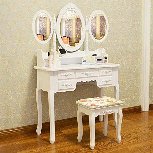 Quieting White Dressing Table Makeup Desk With Stool And Mirror